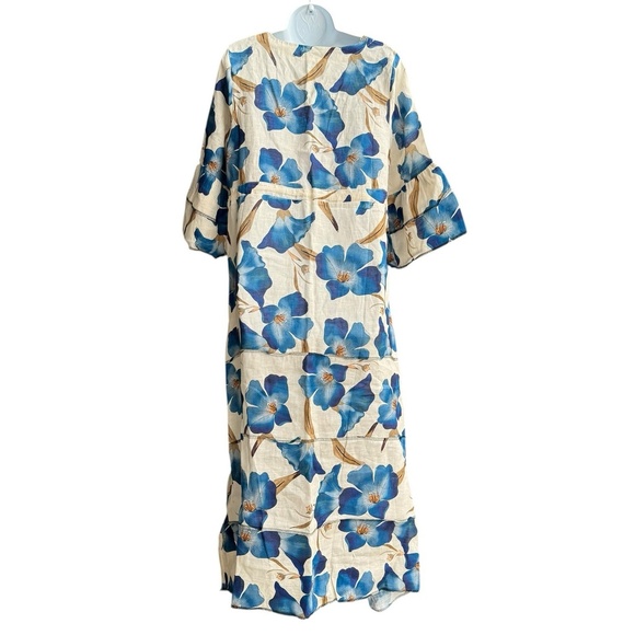 LUISA PERLA Italy Blue Linen Floral Maxi Dress 3/4 Bell Sleeve Size M Beach - Picture 2 of 4